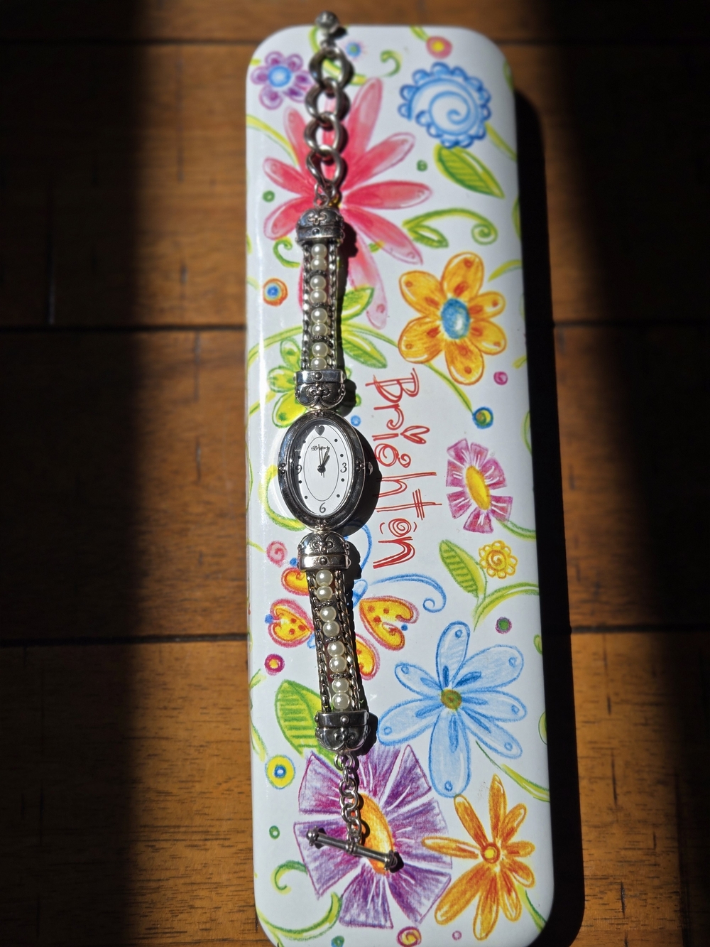 Brighton Silver-tone And Faux Pearl Accent Chain Watch With Case
